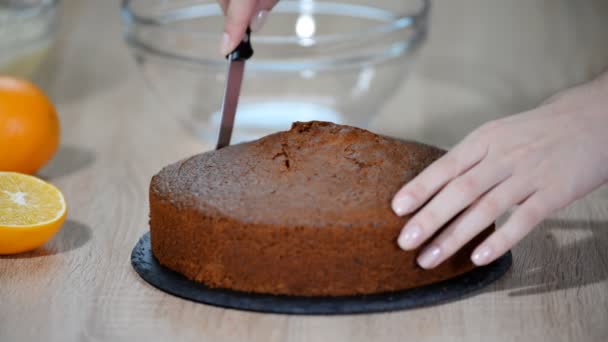 Frau macht zu Hause Nerzloch-Kuchen. — Stockvideo