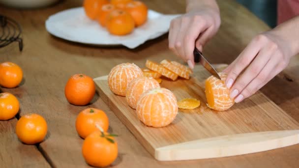 Closeup Woman Hands Slicing Lime Tangerine — Stock Video