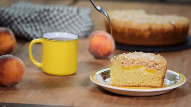 新鮮な自家製の桃のケーキのスライス — ストック動画