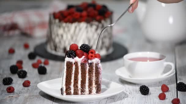 Moderní rustikální vertikální roll vysoký dort s čokoládou, vanilkový krém a bobule.
