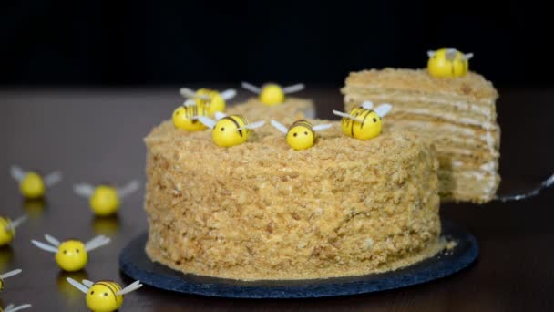 Sweet home layered honey cake. Put a piece of honey cake in a plate. — Stock Video