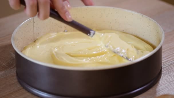 Pastella torta nella teglia. Il processo di cottura di una torta — Video Stock