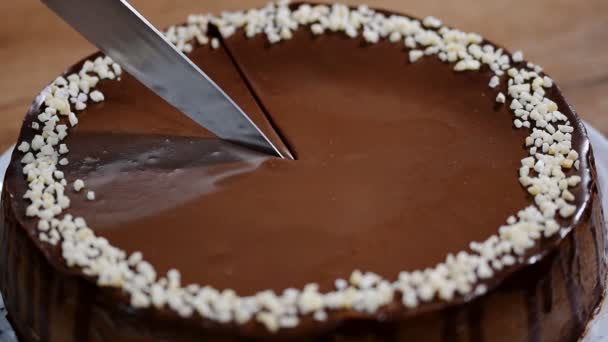 Нарізати шоколадний чізкейк. Домашній чізкейк . — стокове відео