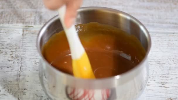 Process Making Soft Caramel Home Adding Melting Butter — Stock Video