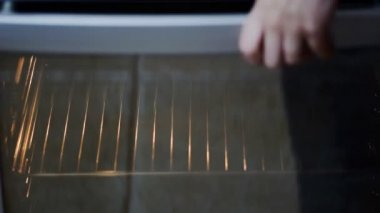 Bir kadın el yapımı kek hamuruyla pişirme tepsisini ev yapımı bir fırına koyar..