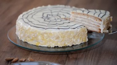 Geleneksel Macar Esterhazy kek. El kesme kek Esterhazy.