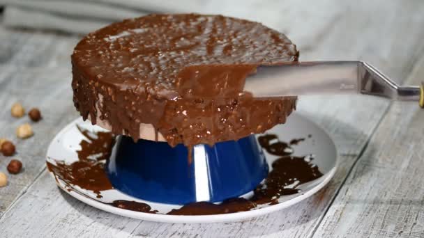 Das Schokoladen-Sahnehäubchen auf dem gefrosteten Kuchen. Moderner französischer Moussekuchen mit Schokoglasur. — Stockvideo