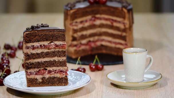 Un pedazo de delicioso pastel de chocolate y cereza . — Vídeo de stock