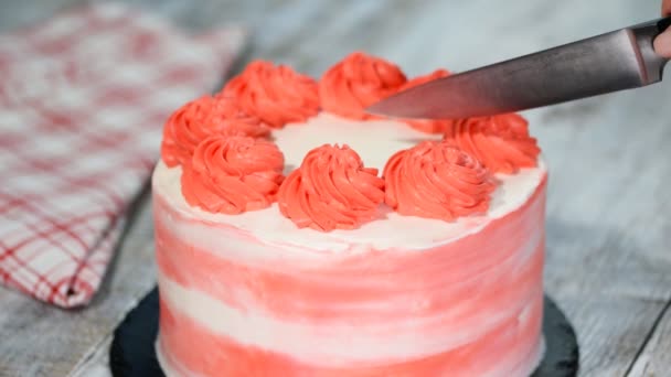 Colorful Birthday cake. Female hand cuts Birthday cake. — Stock Video