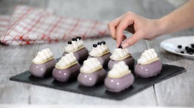 Pudra bir yaban mersini sırlı tatlıları imalatı ile mousse Kek süsle.