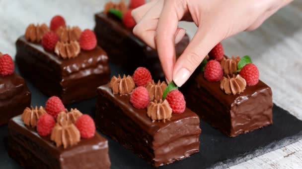 Frauen handverzierte Schokoladenkuchen mit Minzblatt. — Stockvideo