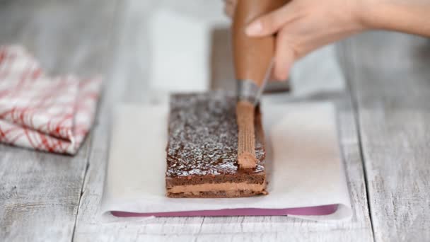 Baka en tårta. Klämma grädden på moset. Läckra smaskiga krämen pressas på kakan. — Stockvideo