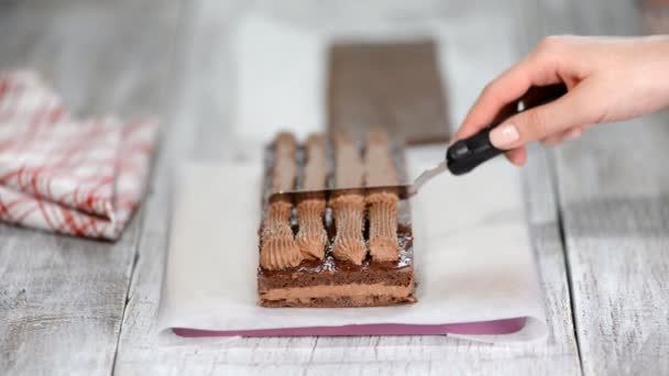 Mujeres mano difusión crema de chocolate en pastel de esponja de chocolate . — Vídeo de stock