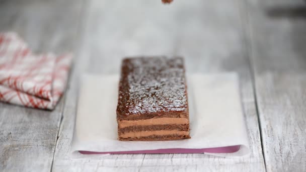 Cocinar un pastel. Apretando la crema en el pastel. Deliciosa crema deliciosa exprimida en el pastel . — Vídeo de stock