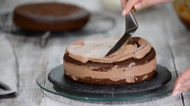 Жінки розкладають шоколадний крем на шоколадному губчастому торті . — стокове відео