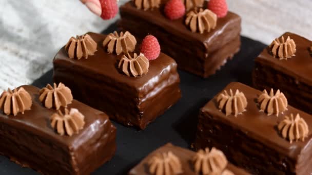 Mãos Femininas Decorando Bolos Chocolate Com Framboesa Fresca — Vídeo de Stock