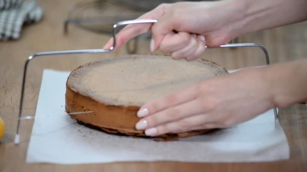 Pastel de esponja y corte de hilos. Hacer pastel de esponja capa . — Vídeo de stock