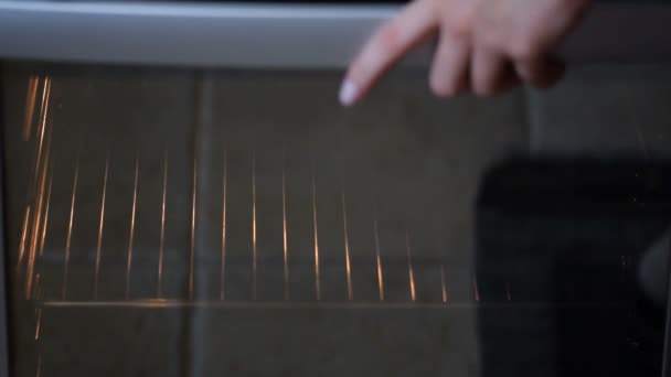 De vrouw zet de taart in de oven. Dames handen in handschoenen van de keuken lade met ongekookte taart gestoken met elektrische oven. — Stockvideo