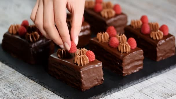 Frauenhände dekorieren Schokoladenkuchen mit frischen Himbeeren. — Stockvideo