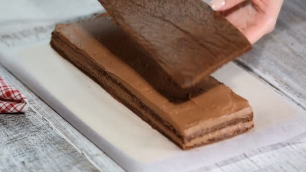 Pasticciere che fa la torta al cioccolato. Il processo di fare una torta . — Video Stock