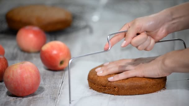 Cortar una cadena de confitería de bizcocho. Confitería. Cocinar pastel de galletas . — Vídeos de Stock