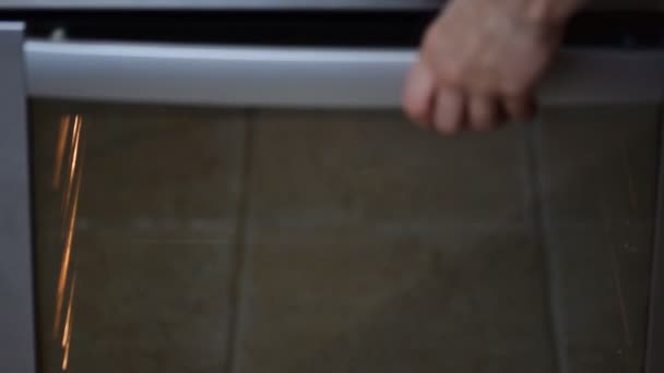 Kvinnan sätter en kaka i ugnen, närbild — Stockvideo