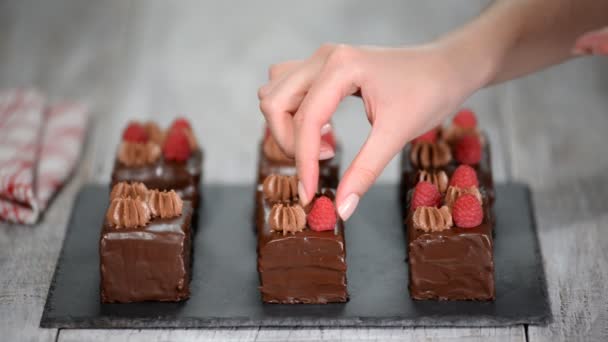 Mani femminili che decorano torte di cioccolato con lampone fresco . — Video Stock