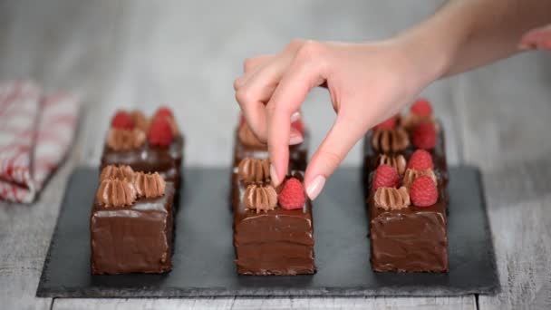 Female hands decorating chocolate cakes with fresh raspberry.