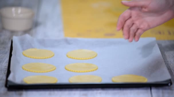 Genç kadın ham kurabiye pişirme tepsisi koyarak — Stok video