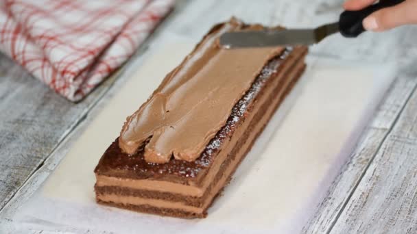 Mujeres mano difusión crema de chocolate en pastel de esponja de chocolate . — Vídeos de Stock