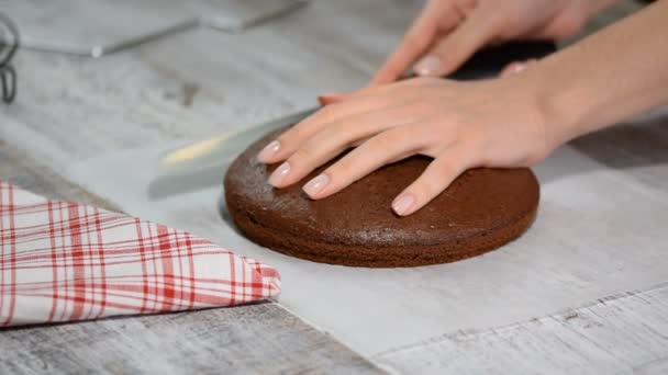 Frau schneidet Schokolade-Biskuitkuchen in Schichten. — Stockvideo