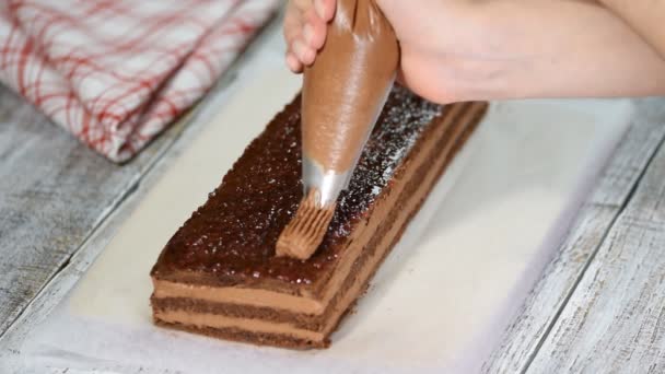 Baka en tårta. Klämma grädden på moset. Läckra smaskiga krämen pressas på kakan. — Stockvideo