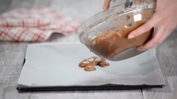 Verter la masa de pastel en la bandeja para hornear. Hacer pastel de capa de chocolate . — Vídeo de stock