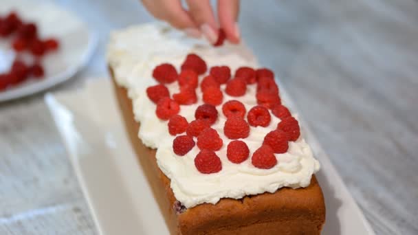 Chef van het gebakje versieren pound cake met frambozen — Stockvideo