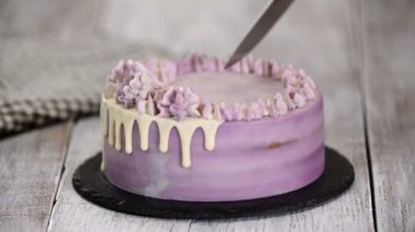Bir bıçak ile ev yapımı Blueberry Cake kesme kadın el.