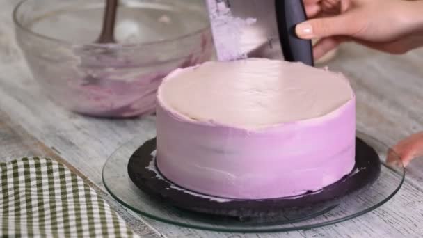 A folyamat díszíti a tortát, lila, krém fedéllel. Cukrász valahol keksz krém péksütemények spatula segítségével. — Stock videók