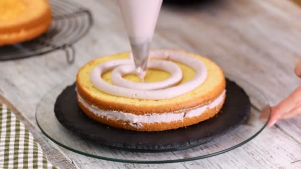 Le mani delle donne stringono la panna su una torta. Crema saporita sulla torta — Video Stock