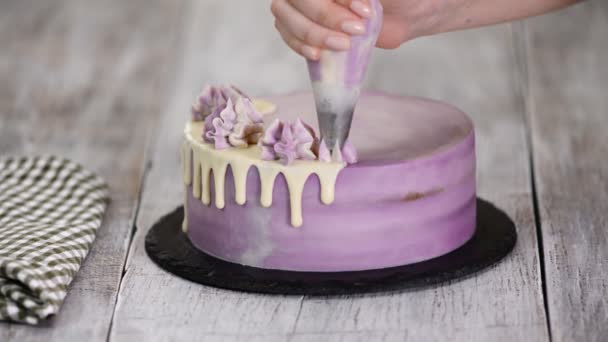 Chef Décorer Gâteau avec une crème . — Video