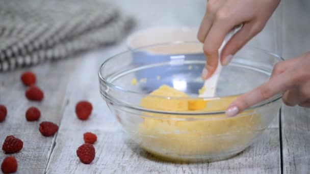 シューの自宅でお菓子を作るための成分を混合します。生地に卵を追加します。 — ストック動画