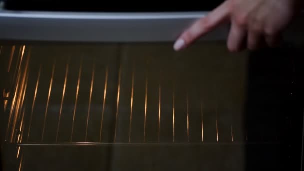 Kobieta ręce stawianie biszkopt w piekarniku — Wideo stockowe