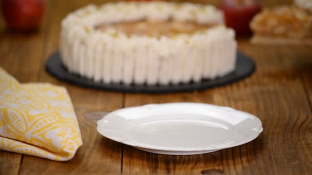 Gros plan de délicieux gâteau aux pommes. Un morceau de gâteau sur une assiette. Aliments sucrés . — Video