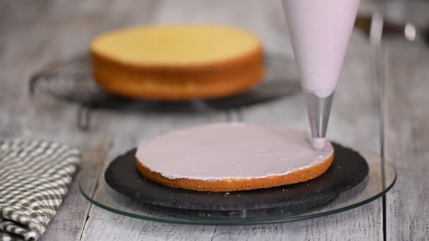 Las manos de las mujeres apretando la crema en un pastel. Sabrosa crema en el pastel . — Vídeos de Stock