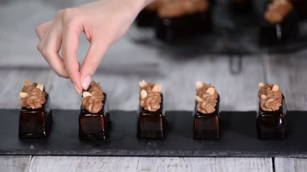 Французские торты с муссом. Украшенный арахисовым современным шоколадным тортом . — стоковое видео