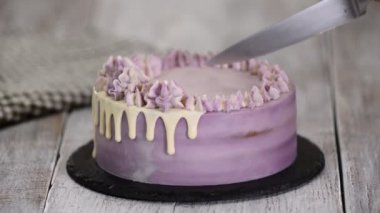 Bir bıçak ile ev yapımı Blueberry Cake kesme kadın el.