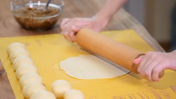 Main féminine met la garniture de noix sur la pâte. Faire des petits pains à la noix douce . — Video