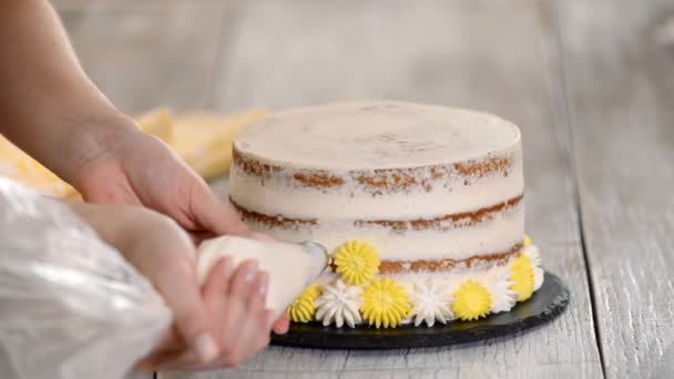 Koch oder Bäcker dekorieren Kuchen mit Schlagsahne. — Stockvideo