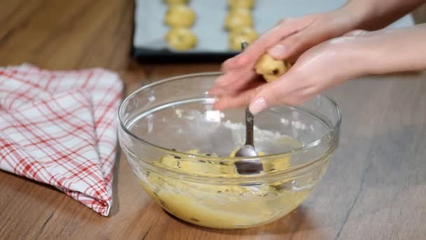Mujer en cocina haciendo galletas con chispas de chocolate — Vídeos de Stock