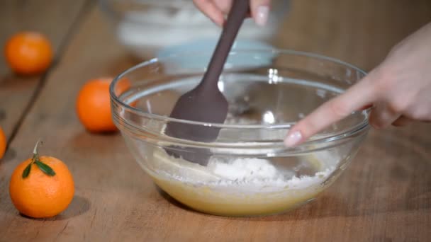 Концепция выпечки. Женские руки, перемешивающие тесто лопаткой для торта . — стоковое видео
