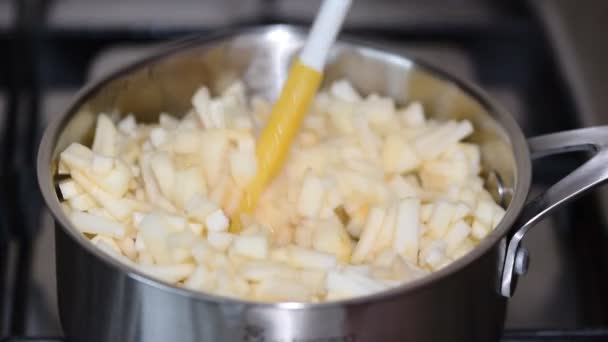 Cozinhar o recheio de maçã em uma panela . — Vídeo de Stock