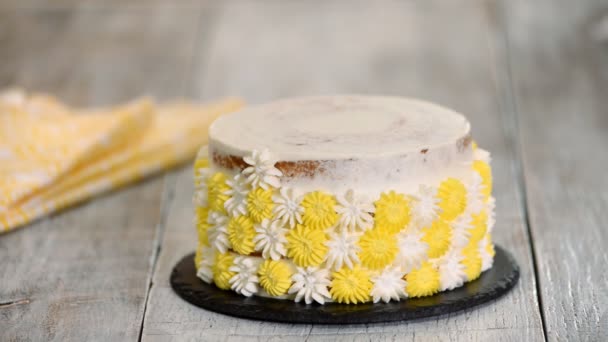 Koch oder Bäcker dekorieren Kuchen mit Schlagsahne. — Stockvideo